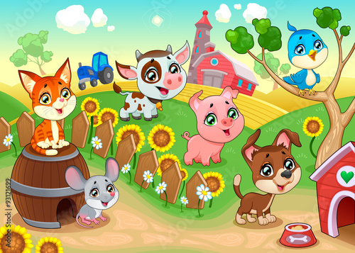 Cute farm animals in the garden