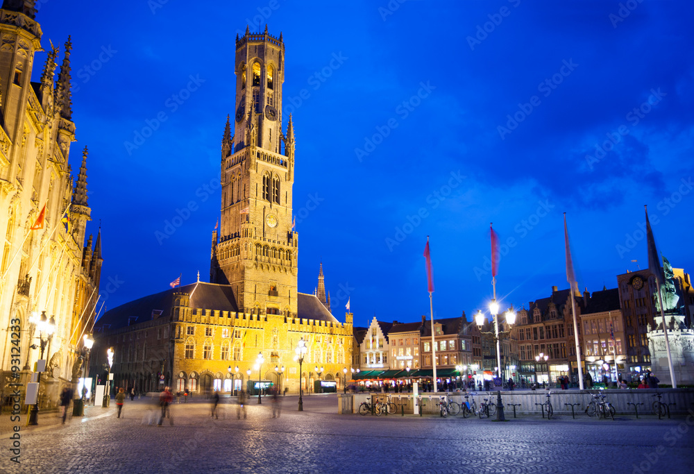 Belfry of Bruges and Grote Markt at night