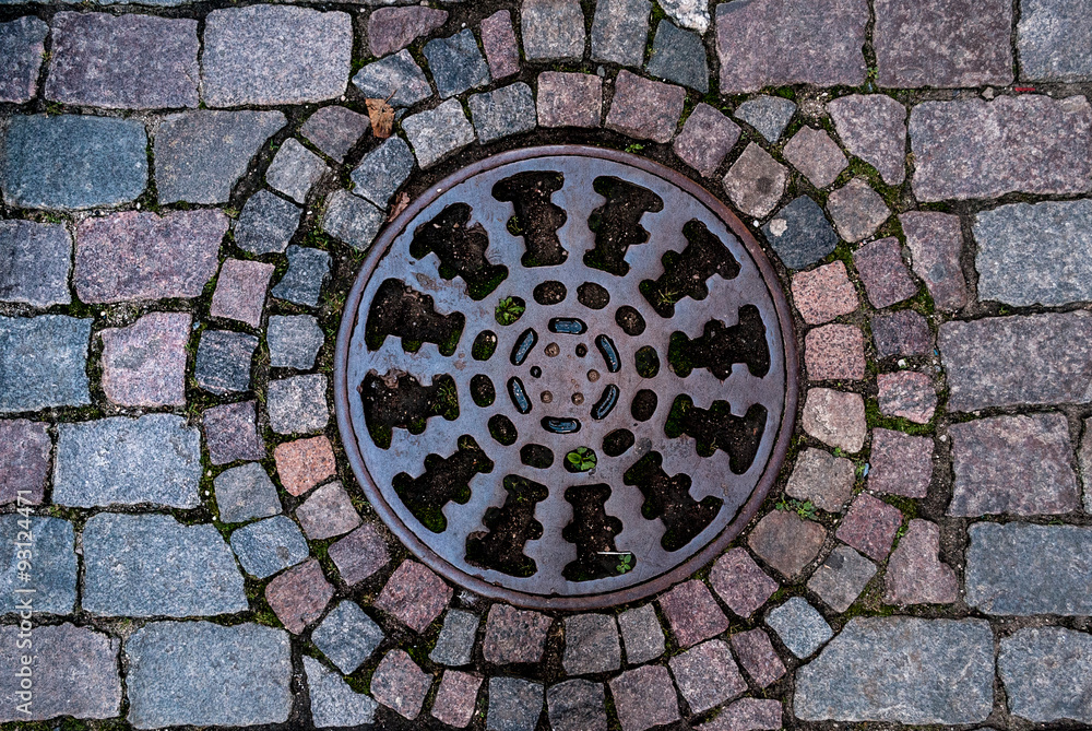 Manhole on old style brick road