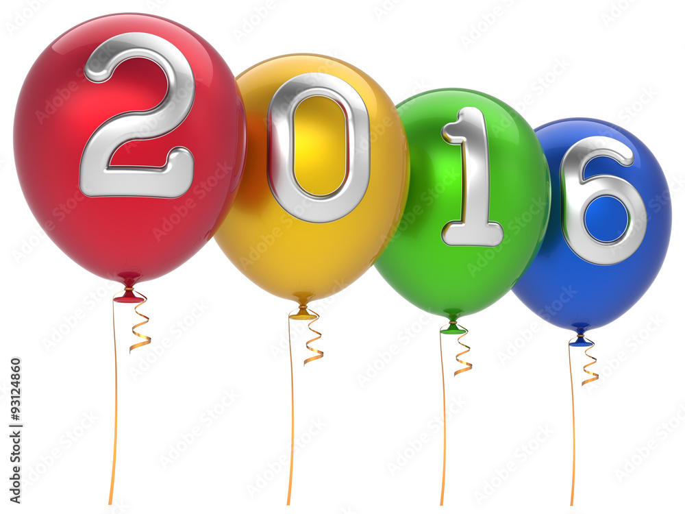 New Years Eve 2016 party balloons Christmas decoration happy wintertime traditional Marry Xmas celebrate adornment multicolored. Future planning calendar date banner advertisement. 3d render isolated New Years Eve 2016 party balloons Christmas decoration happy wintertime traditional Marry Xmas celebrate adornment multicolored. Future planning calendar date banner advertisement. 3d render isolated