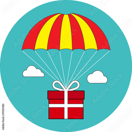 Gift box flying on parachute, delivery service, bonus concept. F