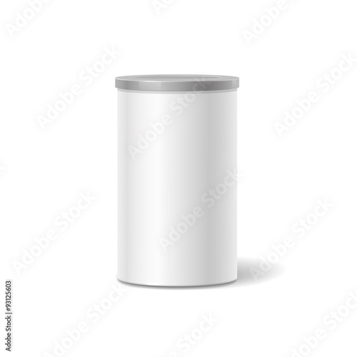 White tin box packaging container for tea or coffee isolated