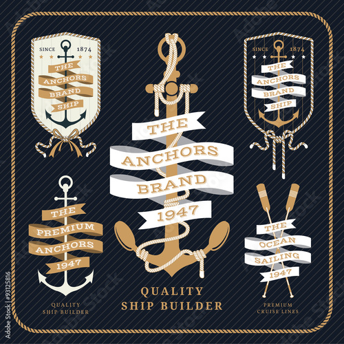 Vintage nautical anchor and ribbon labels set on dark background