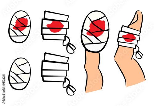Set of bandage with red  blood puddle. Medical equipment in different shapes single and on finger. Vector illustration isolated on white background.