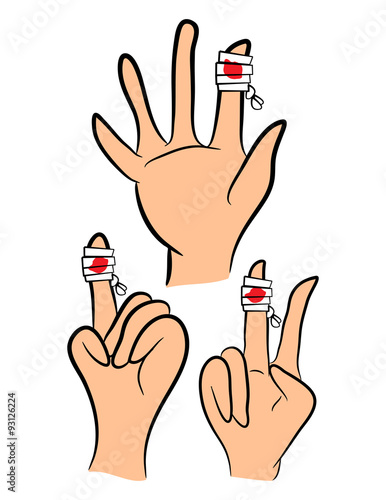 Set of Injured finger, hand wrapped in bandage  with red  blood puddle. Vector illustration isolated on white background.