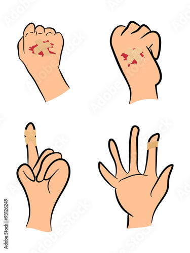 Set of Injured finger, hand wrapped in adhesive bandage, plaster  with red  blood puddle. Vector illustration isolated on white background.