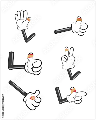 Set of Injured finger, hand wrapped in adhesive bandage, plaster  with red  blood puddle. Vector illustration isolated on white background.