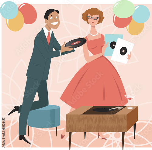 1950s cocktail party guests choosing music standing next to a stereo record player console, EPS 8 vector illustration