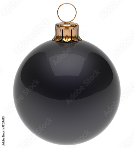 Christmas ball black New Year's Eve bauble wintertime decoration glossy sphere hanging adornment classic. Traditional winter ornament happy holidays Merry Xmas symbol blank round. 3d render isolated