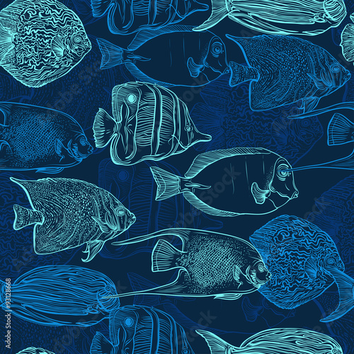 Seamless pattern with collection of tropical fish.Vintage set of hand drawn marine fauna.Vector illustration in line art style.Design for summer beach, decorations.