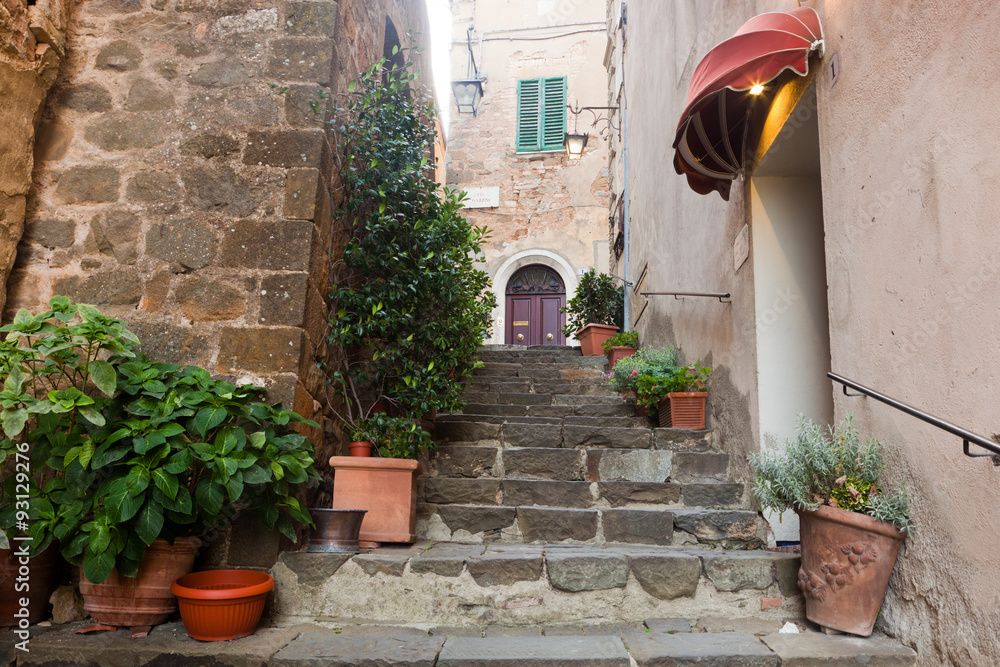 Romantic narrow street and stairs in Montepulciano, Tuscany, Italy.