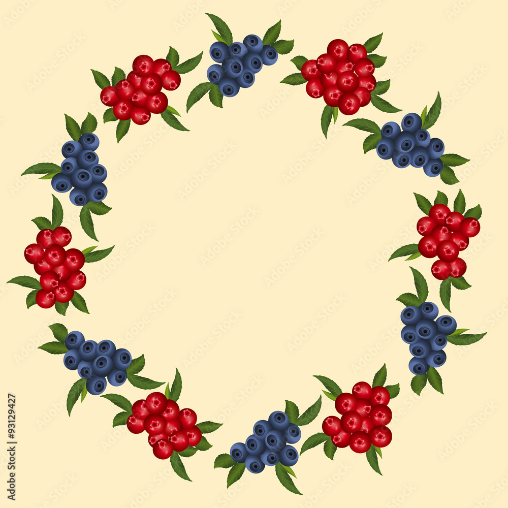 frame of blueberries and cranberries with green leaves frame of blueberries and cranberries with green leaves