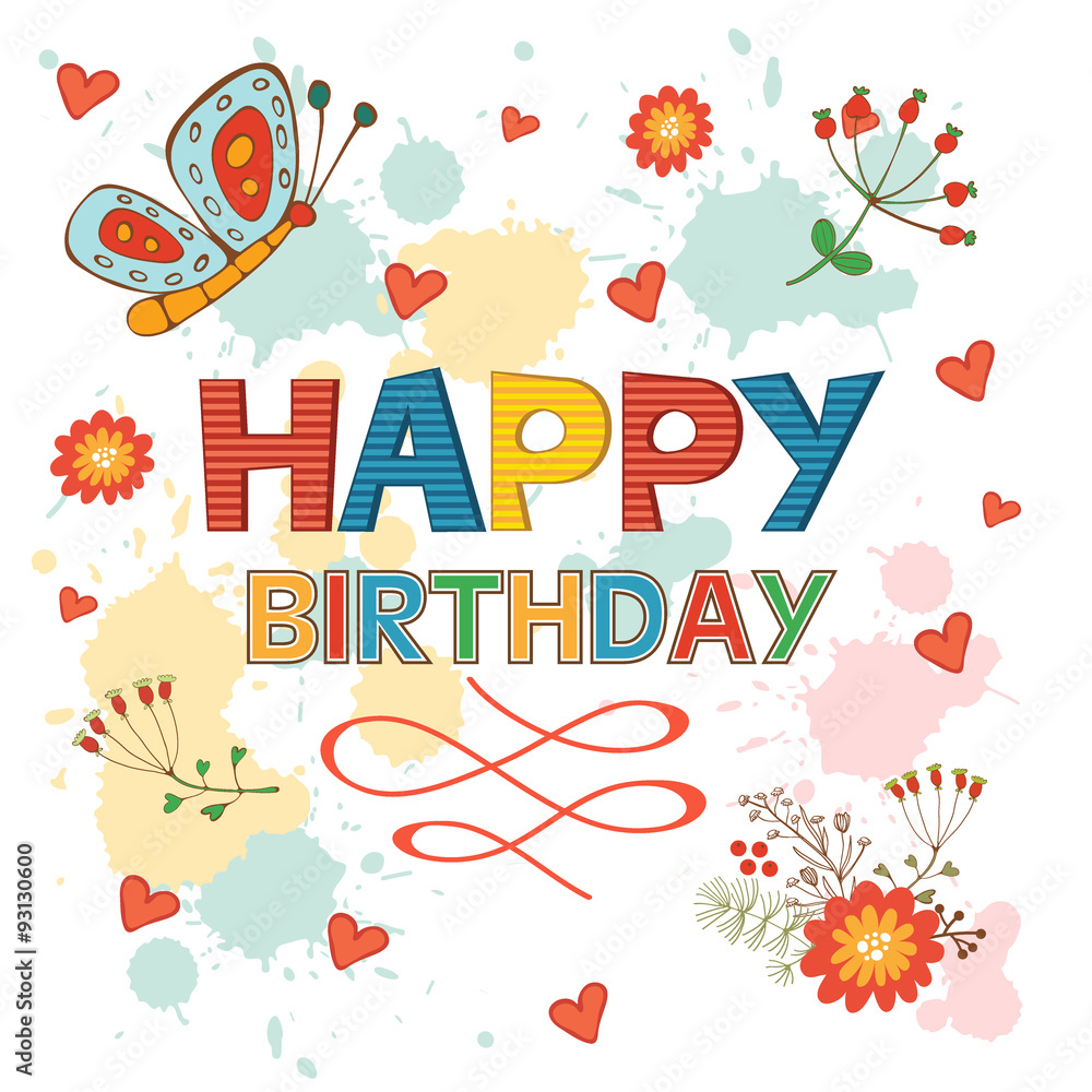 Happy Birthday card with flowers and butterflies Stock Vector | Adobe Stock