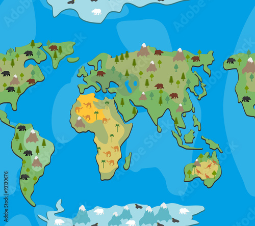 World map with animals and trees seamless pattern. Background ge