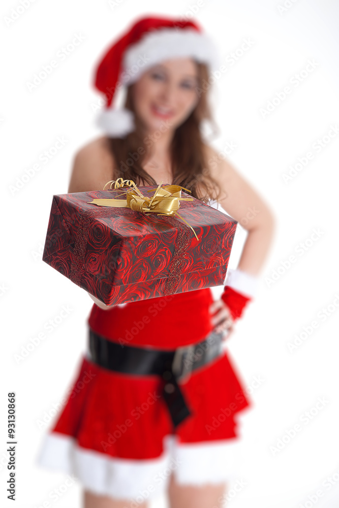 Nikolaus Frau überreicht Geschenk Paket Porträt Nikolaus Frau überreicht Geschenk Paket Porträt
