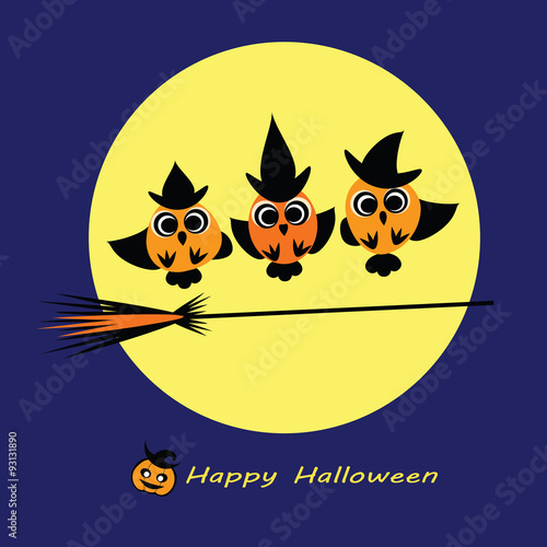 Halloween vector illustration - Owl Witches flying on broom. Cute Owls wearing witch hat, broom stick, full moon. Flat silhouettes Halloween card, flyer, wallpaper. Eps 10. Isolated on white.