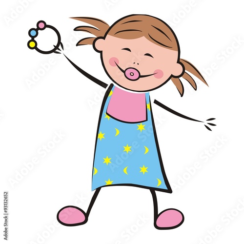 baby girl, Little girl with a pacifier and a toy. Happy kid in hernightgown. Vector illustration.