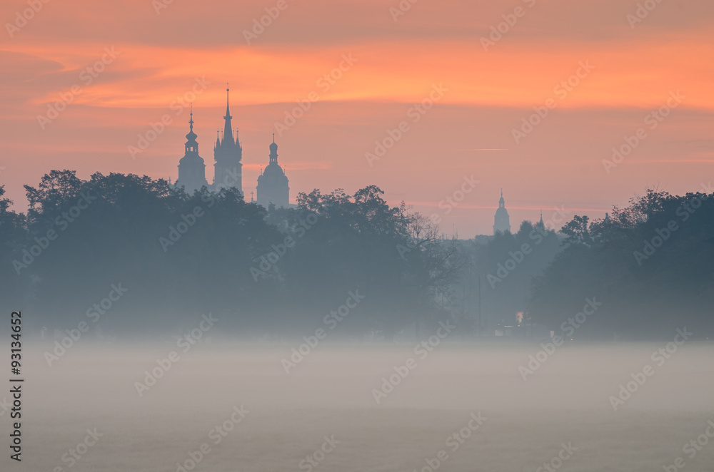 Blonia meadow in Krakow, Poland, with St Mary's church and Town Hall towers in the background, foggy morning.