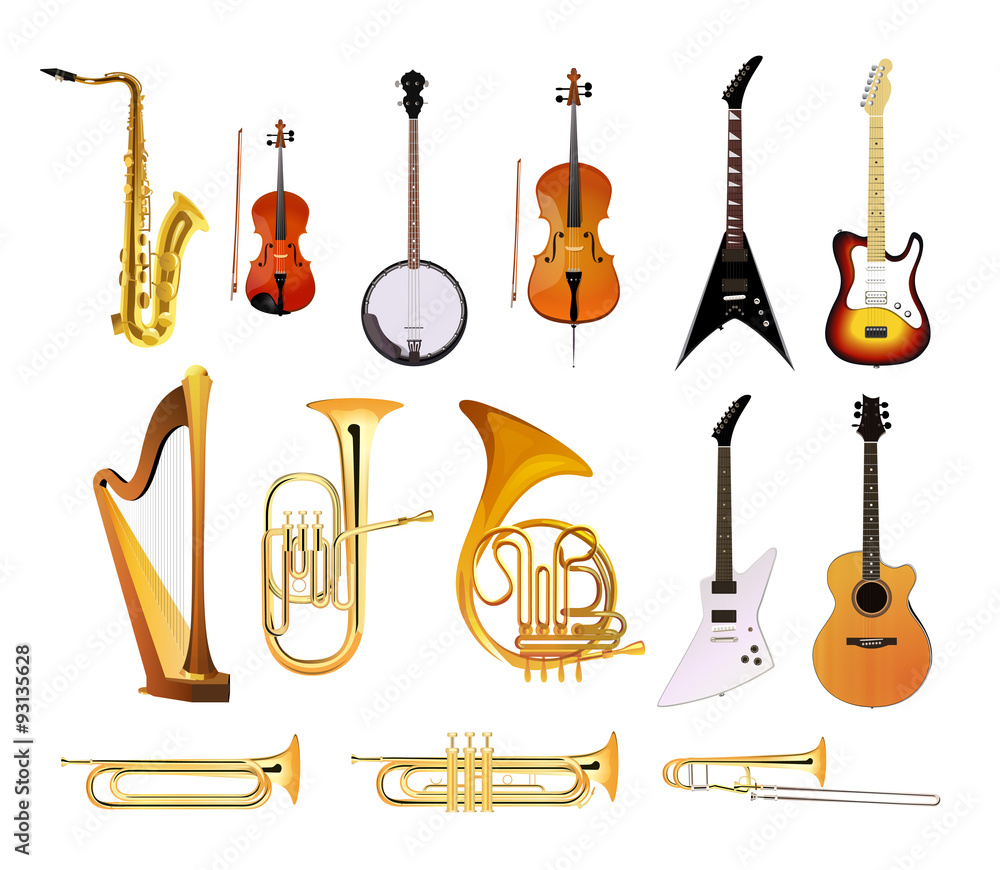 Orchestra Musical Instruments isolated on white background, Vector  Illustrations of blues, rock and jazz instruments Stock Vector | Adobe Stock