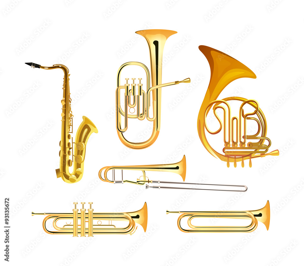 Brass Wind Orchestra Musical Instruments isolated on white, Vector  Illustrations Stock Vector