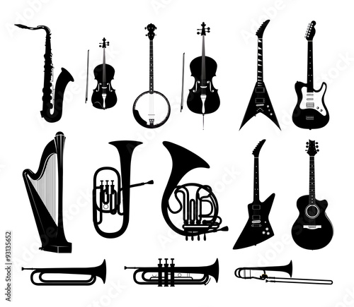 Silhouettes of Musical Instruments in black and white isolated, Vector Illustrations