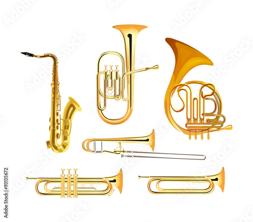 Brass Wind Orchestra Musical Instruments isolated on white, Vector Illustrations