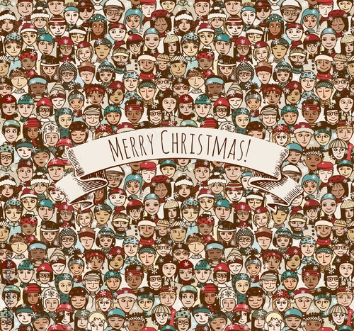 Merry Christmas! - Menschenmasse mit Mützen und Schals an Weihnachten