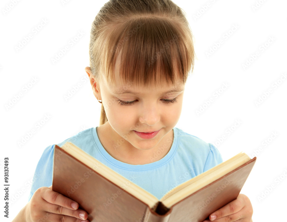 Beautiful little girl with book, isolated on white Beautiful little girl with book, isolated on white