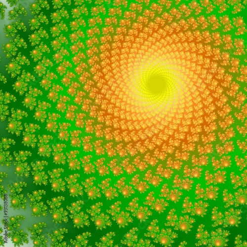 Fractal spiral. Green and orange fractal ornaments in dark green background. Computer generated fractal graphics.