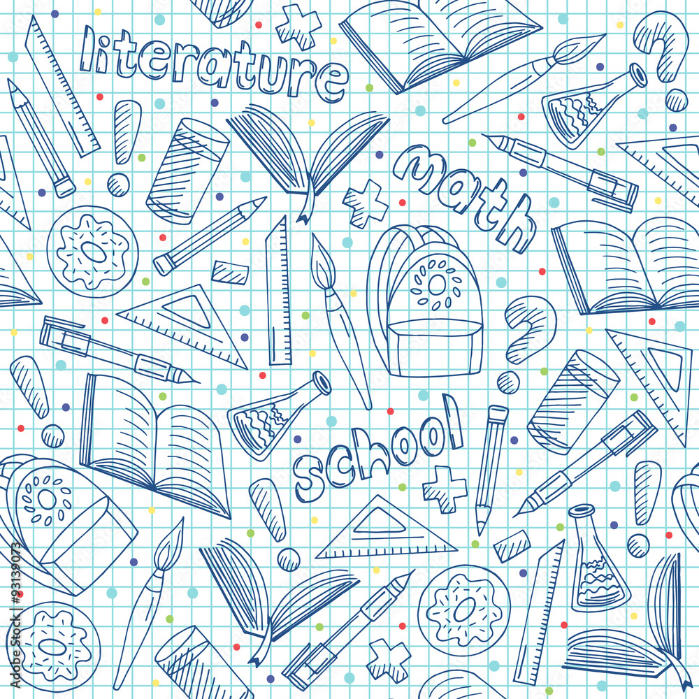 Obraz premium Vector school supplies pattern, hand drawn blue repeatable graphic school objects background