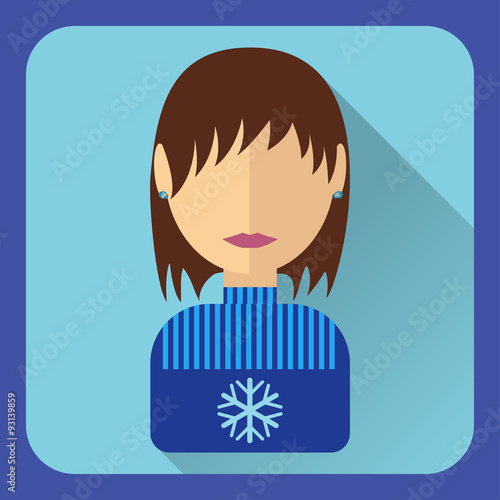 Flat avatar. Brunette girl with short hair in a blue sweater, snowflake