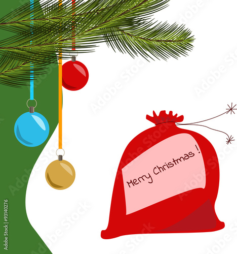 Christmas card with fir branches, sack of presents