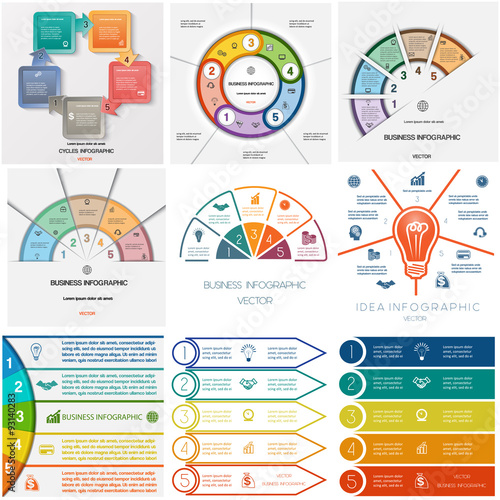 Bilde på lerret Set 9 templates Infographics cyclic processes, five positions