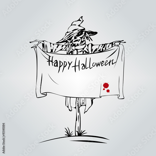 Welcome to Holiday. Vector Halloween template with Scarecrow holding welcome banner with splash of blood. Happy Halloween Party Design. Empty space leaves room for text. 