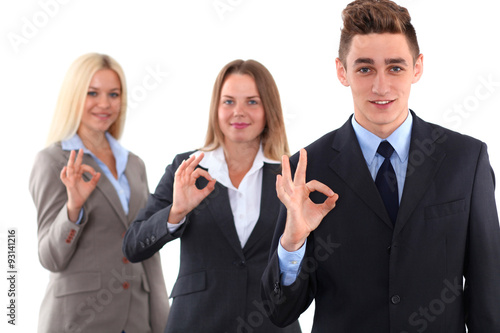 Group of business people, start-up team, ok hand sign, isolated over background