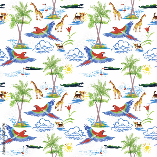 Seamless pattern with summer herbs and birds. Watercolor