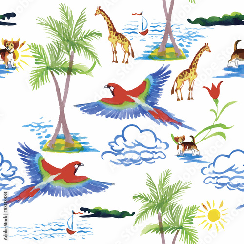 Seamless pattern with summer herbs and birds. Watercolor