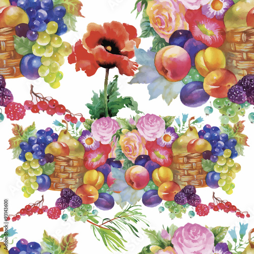Fruits and flowers, watercolor seamless  pattern.