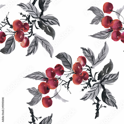Watercolor garden rowan plant seamless pattern 