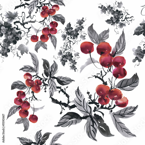 Watercolor garden rowan plant seamless pattern 