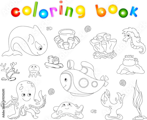 Underwater set. Ocean inhabitants and submarine. Octopus, jellyf