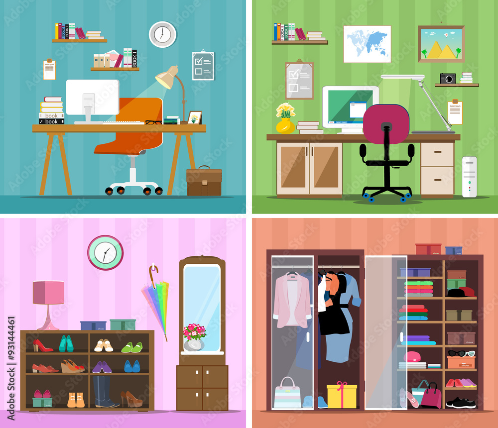 Set of colorful vector interior design house rooms with furniture icons ...