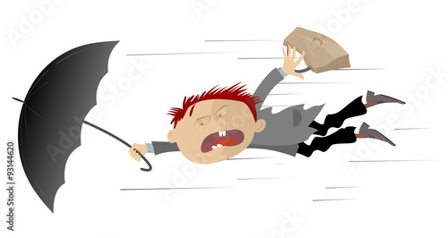 Man taken up with the wind tries to keep an umbrella 