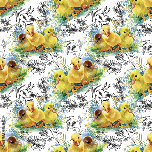 Little fluffy cute watercolor ducklings, chickens and hares with