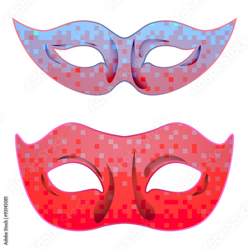 Vector carnival mask set for man and woman with abstract ombre pixel art background