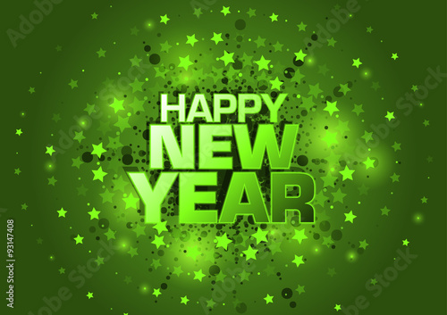 Happy New Year - Green Abstract Greeting Card with Glowing Stars, Illustration
