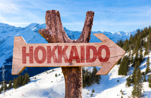 Hokkaido wooden sign with winter background