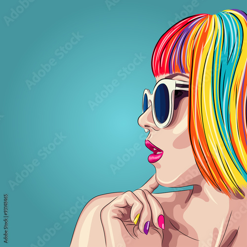 vector beautiful woman wearing colorful wig and white sunglasses 