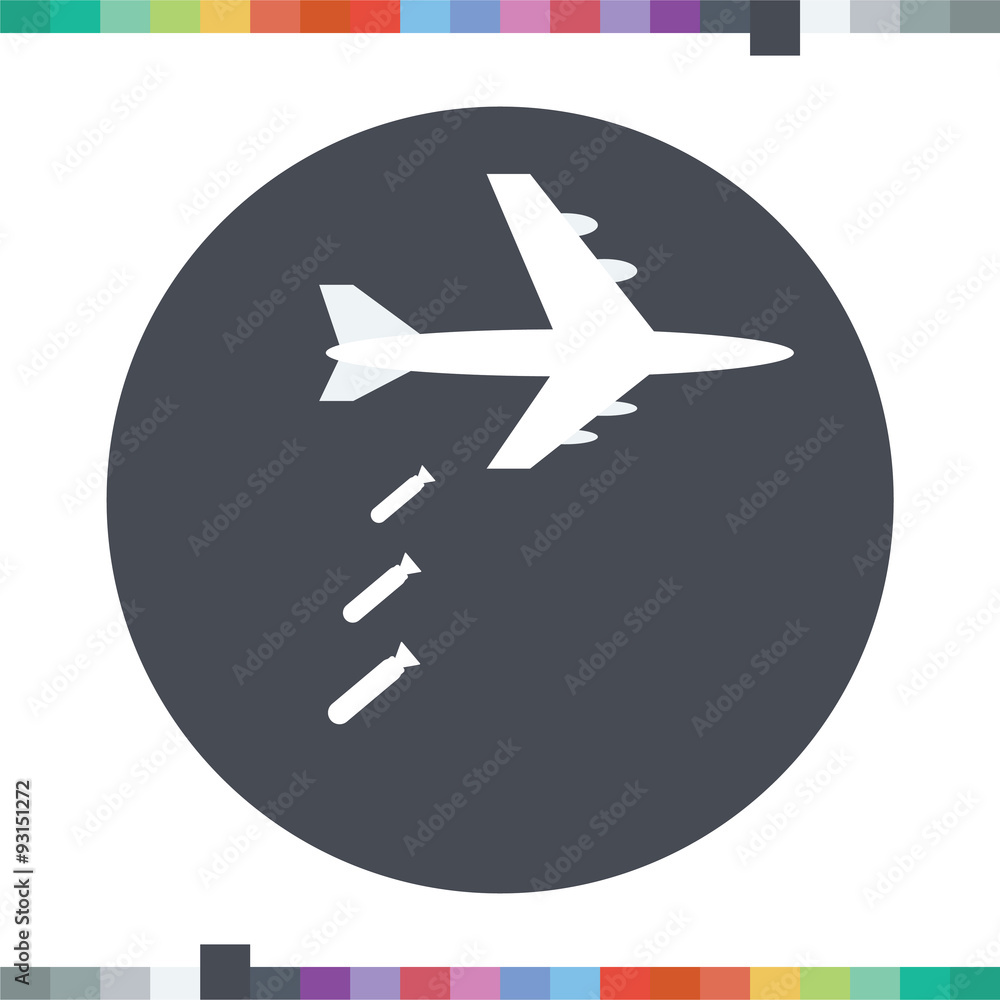 Airplane dropping bombs icon.