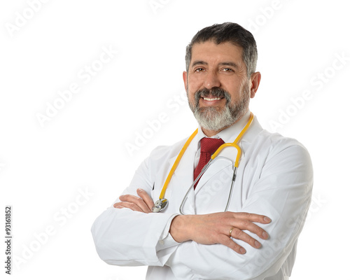 Hispanic Senior doctor smiling over white background
